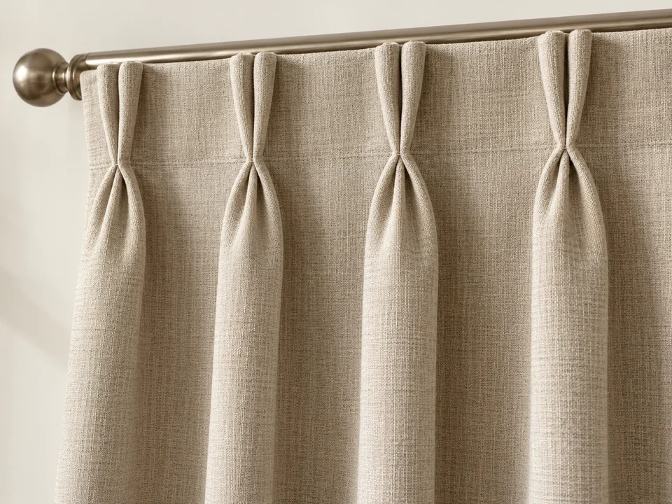 Illustrative close-up of double pinch pleat in neutral woven fabric