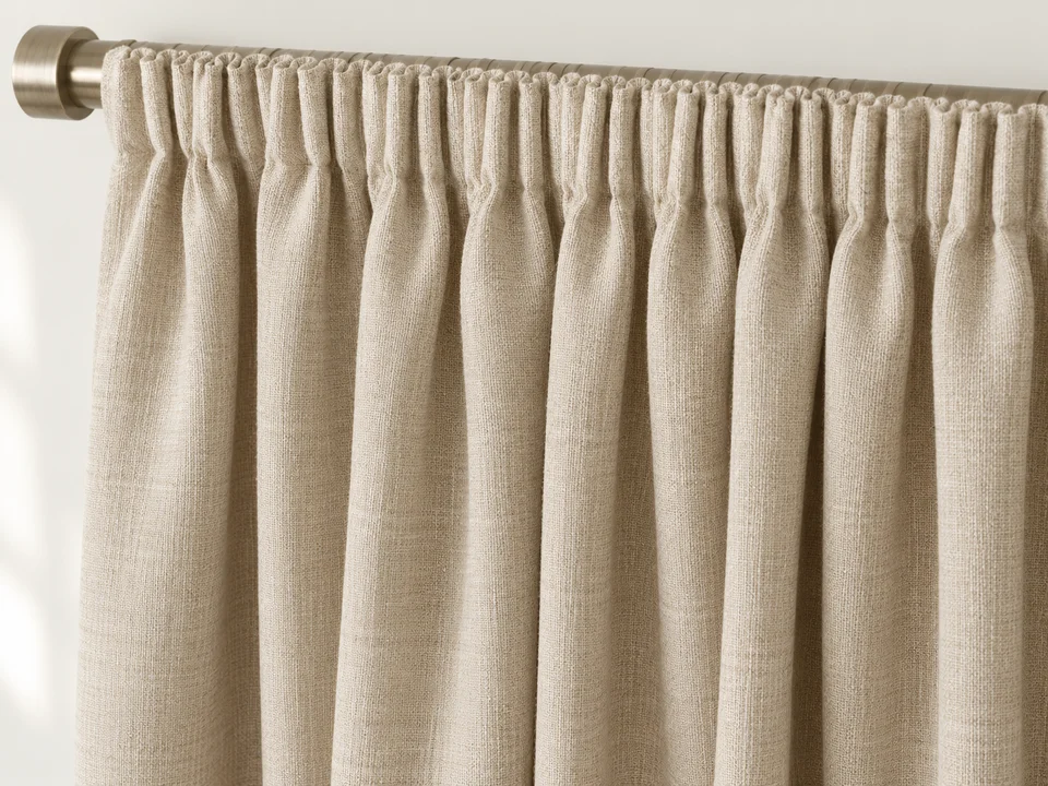 Illustrative close-up of pencil pleat in neutral woven fabric