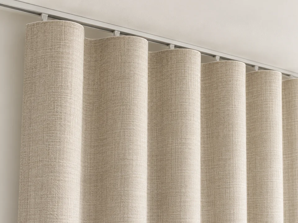 Illustrative close-up of wave pleat in neutral woven fabric