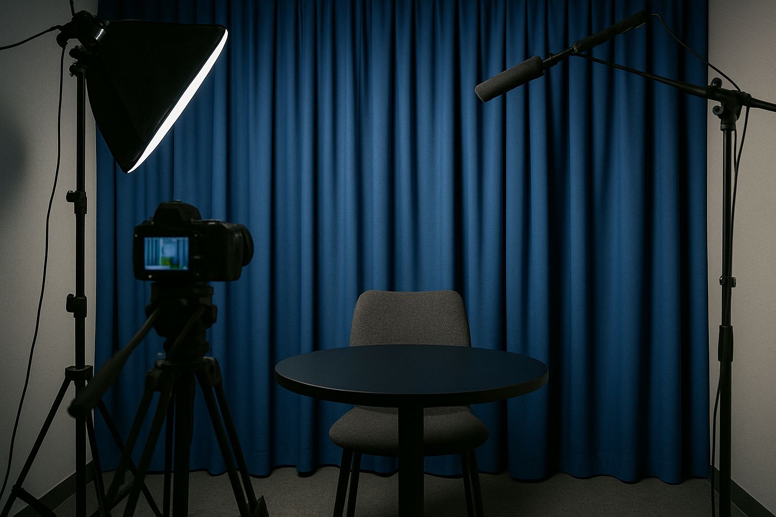 Blue acoustic curtains behind a podcast microphone